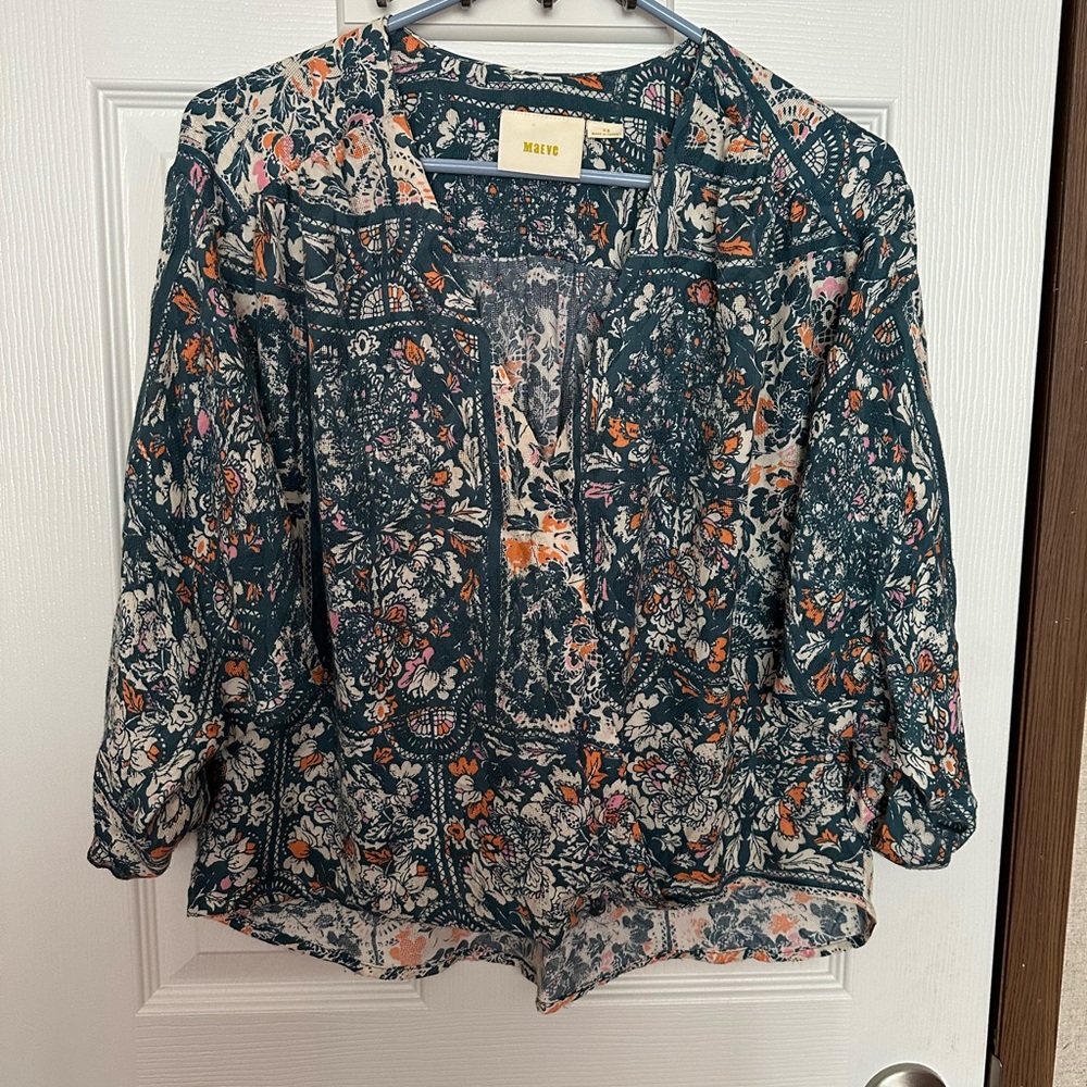 Maeve Teal Floral Print V-Neck Blouse
